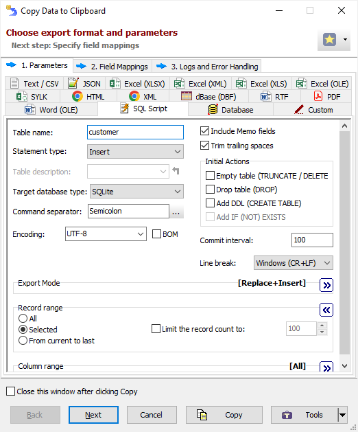 Copy Data to Clipboard as SQL Copy Data to Clipboard as SQL