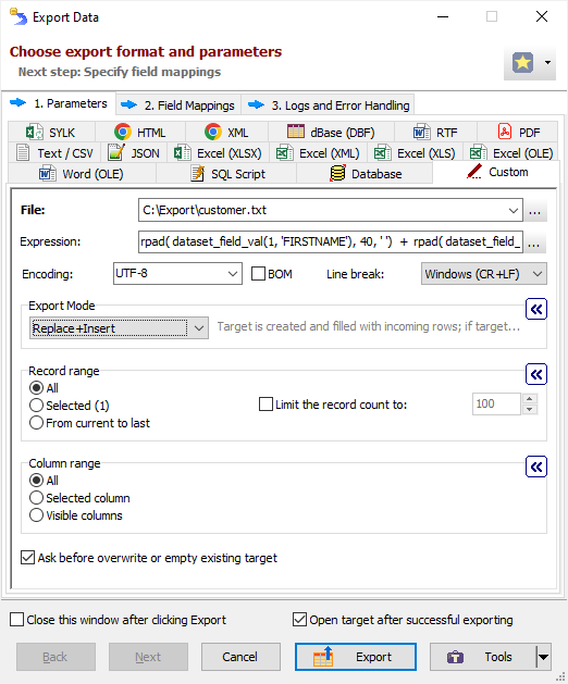 Example of Exporting Data to Custom Format Exporting Data to Custom Format