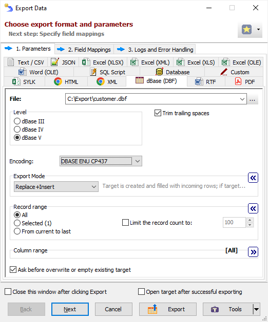 Example of Exporting Data to dBase Exporting Data to dBase