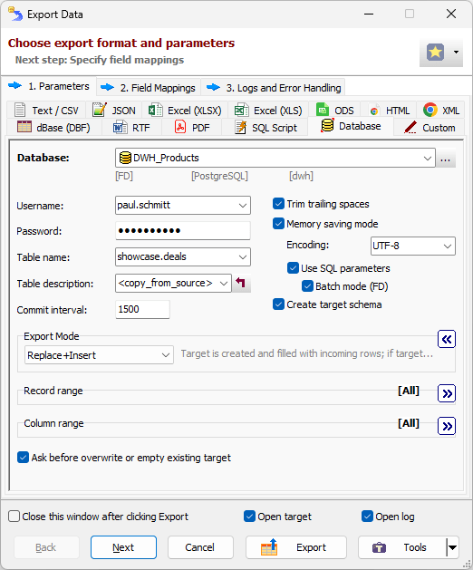 Exporting Data to PostgreSQL Database