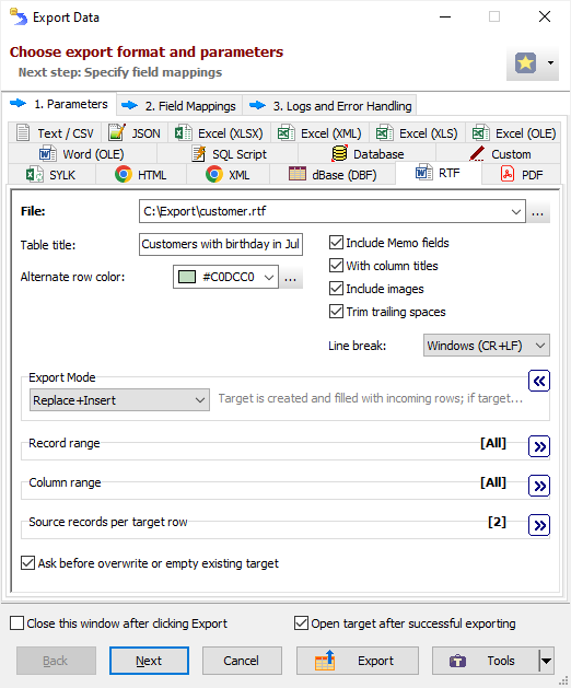 Example of Exporting Data to RTF Exporting Data to RTF
