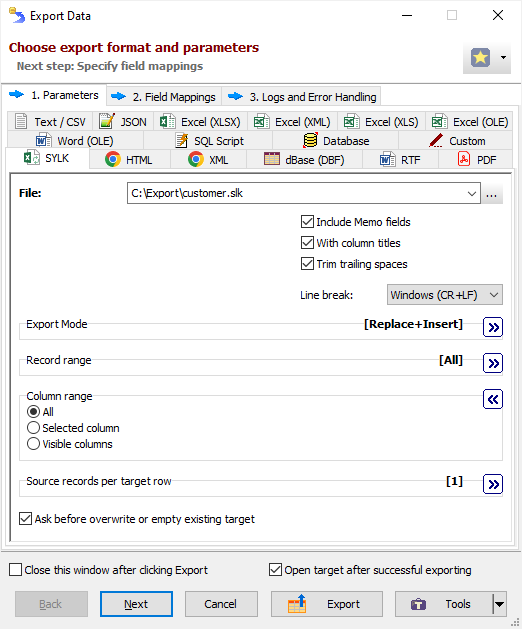 Example of Exporting Data to SYLK Exporting Data to SYLK