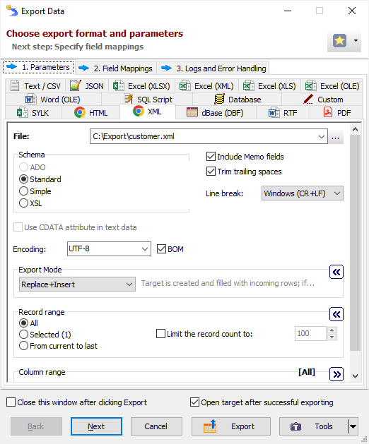 Example of Exporting Data to XML Document Exporting Data to XML