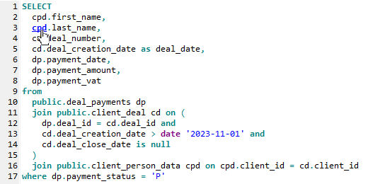SQL editor table alias hyperlink